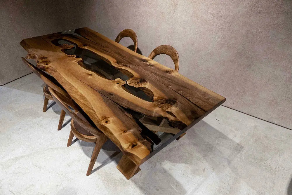 Live Edge Rustic, Epoxy Resin River Outdoor Dining-Space Table Made of Walnut