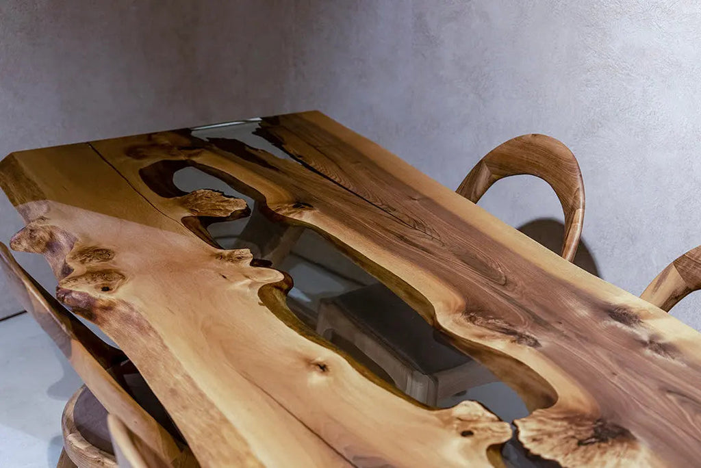 Live Edge Rustic, Epoxy Resin River Outdoor Dining-Space Table Made of Walnut