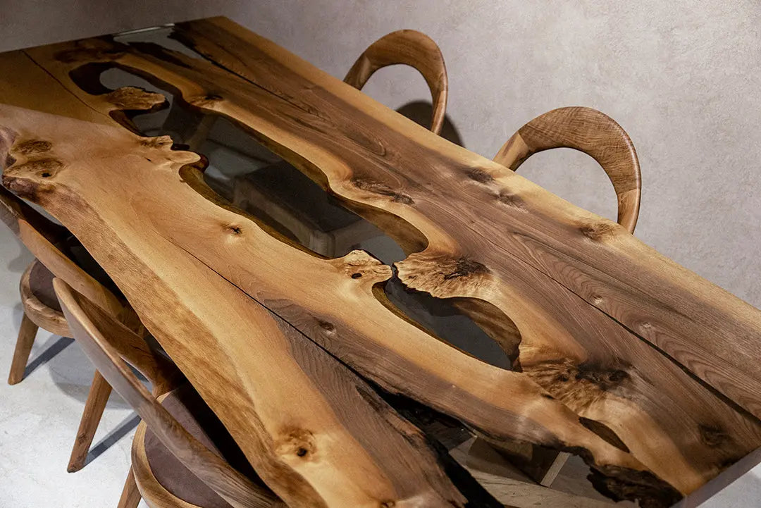 Live Edge Rustic, Epoxy Resin River Outdoor Dining-Space Table Made of Walnut