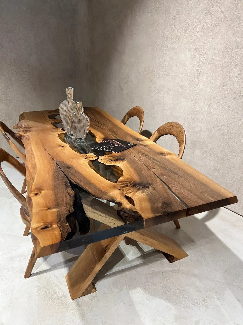 Live Edge Rustic, Epoxy Resin River Outdoor Dining-Space Table Made of Walnut