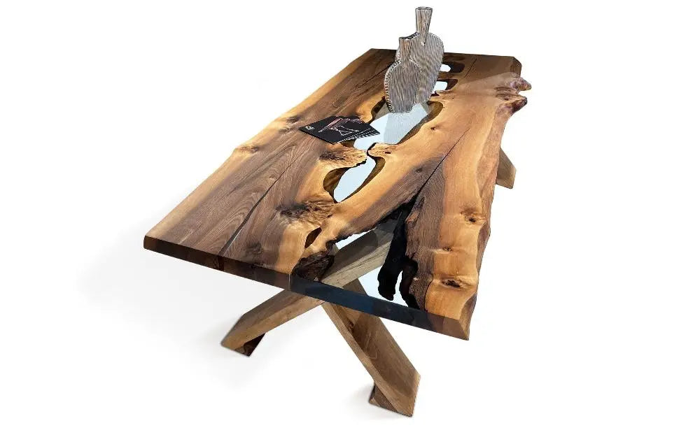 Live Edge Rustic, Epoxy Resin River Outdoor Dining-Space Table Made of Walnut
